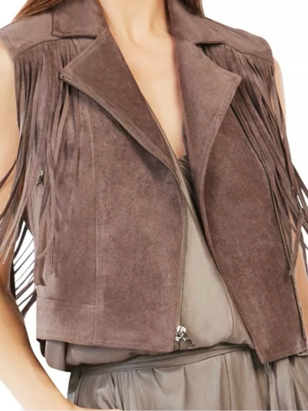 BCBGMaxAzria Taupe Suede Fringe Moto Vest